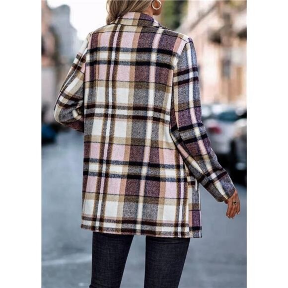 Women's 2024 Plaid Shacket Jacket Casual Button Wool Blend Winter Trench Coat - Picture 3 of 7